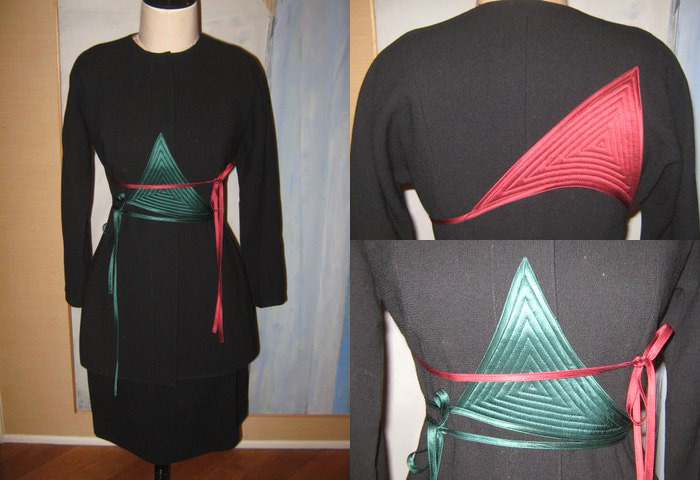 Geoffrey Beene dress in black with green and red quilted satin details.