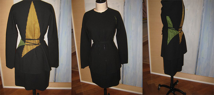 Geoffrey Beene black suit and belt, with yellow and green gingham cutouts