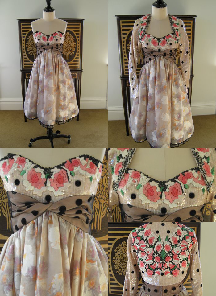Intricately orchestrated Geoffrey Beene cocktail dress and shrug in silk, chiffon, embroidery, and sequins.