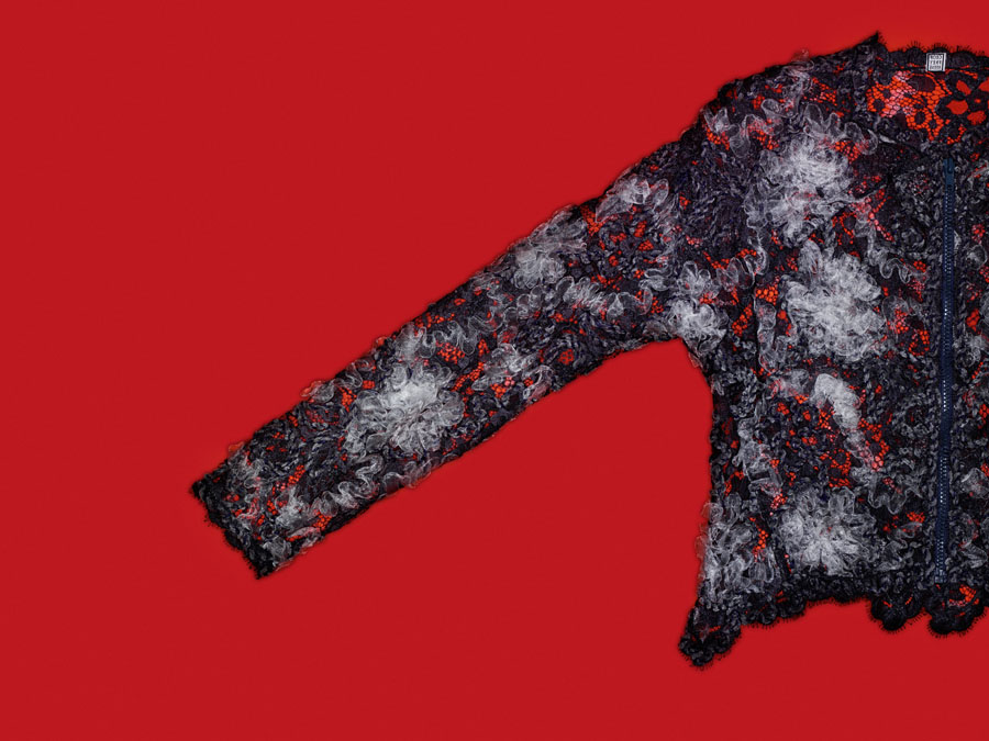 Geoffrey Beene lace jacket reembroidered with organza ribbon.