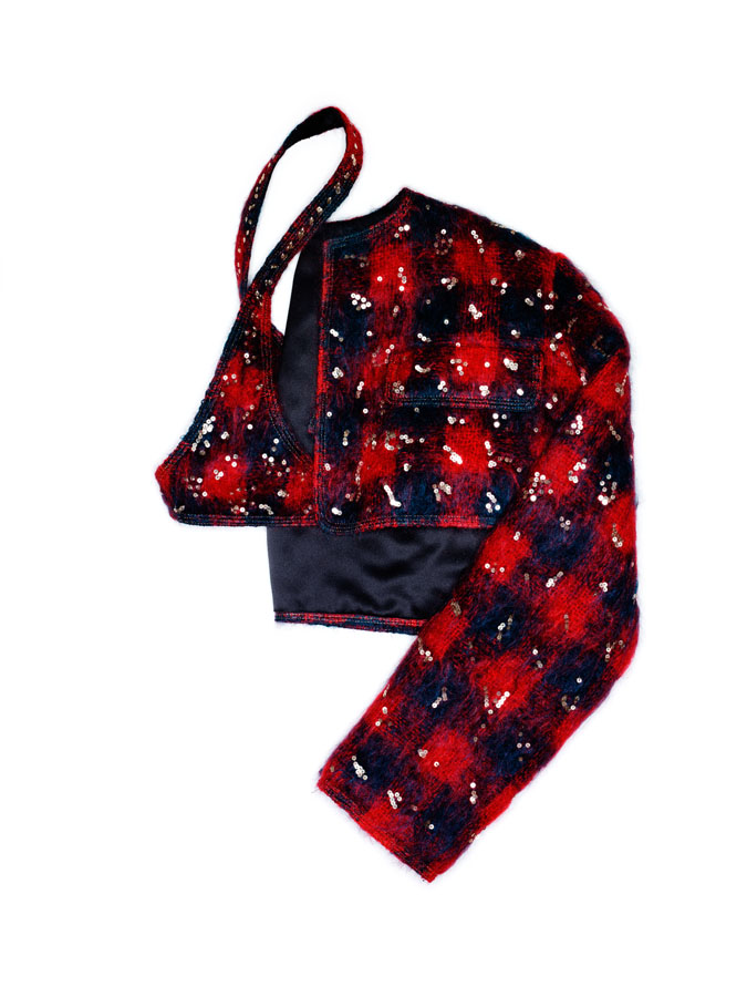 Geoffrey Beene gold-stitched and sequined bolero and halter of buffalo-plaid mohair.